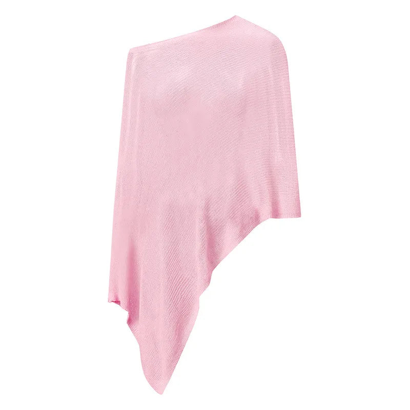 Fashion Women's Sheer Ponchos Off Shoulder Solid Color Asymmetrical Shaw Wrap T-Shirts Oversized Knit Tops