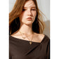 Women's Asymmetrical Draped Neck Long Sleeve Tee with Striped Cuffs, Slim Solid Casual Top for Everyday Wear