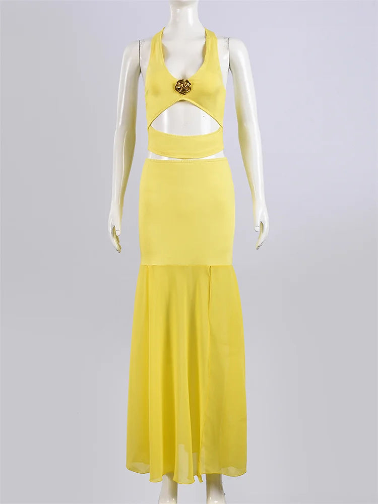 Sexy Fashion 2 Piece Set Women Metal Flower Decoration Halter Hollow Tops+Mesh Patchwork Long Skirts Elegant Outfits