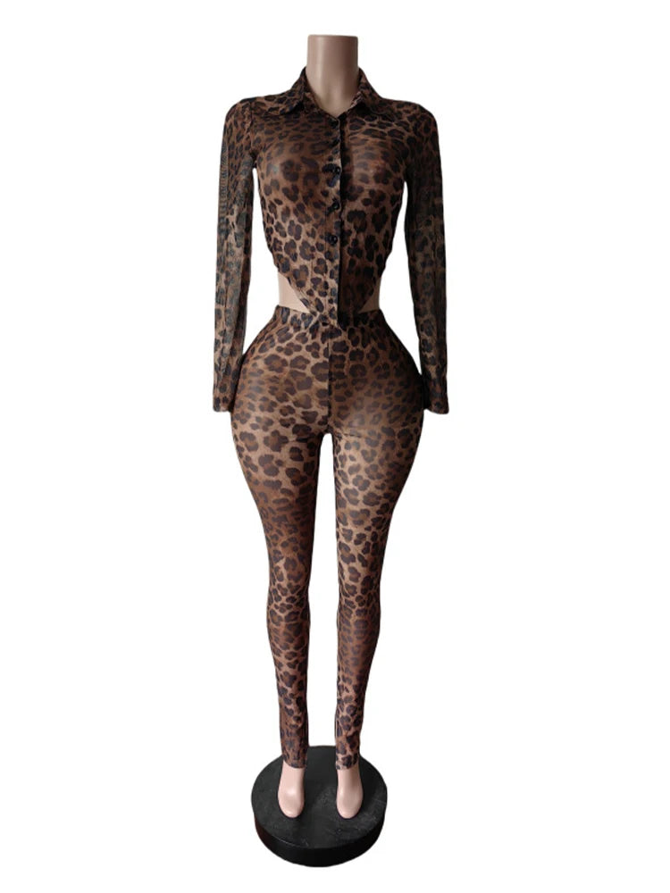 Sexy Wild See Through 2 Piece Set Women Leopard Print Bandage Crop Top+Leggings Matching Midnight Party Clubwear Outfits