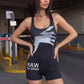 Letter Print Playsuits Woman Summer Trend Color Blocking Design Square Collar Backless High Street Fashion Rompers