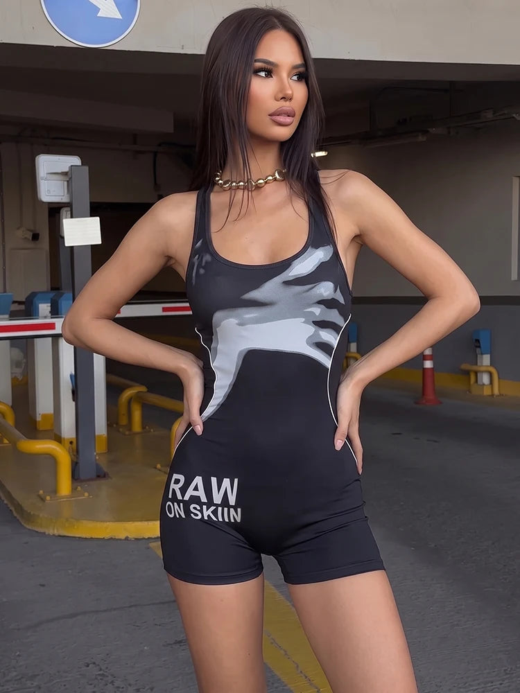 Letter Print Playsuits Woman Summer Trend Color Blocking Design Square Collar Backless High Street Fashion Rompers