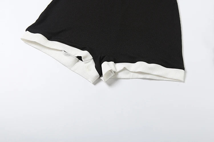 Contrast Patchwork Playsuits Women Ribbed Button Polo-Neck Full Sleeve Skinny Stretch Wrap Hip Street Fashion Rompers