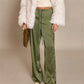 Women's Satin Wide Leg Trousers Lace Patchwork High Waisted Drawstring Lounge Pants Elegant Loose Fit Bottoms