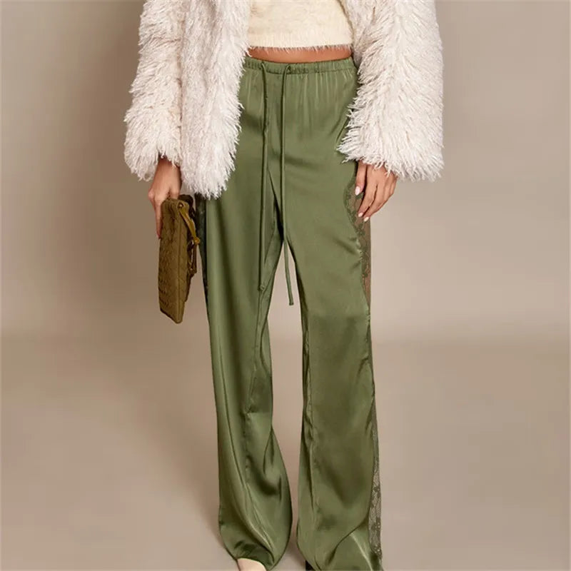 Women's Satin Wide Leg Trousers Lace Patchwork High Waisted Drawstring Lounge Pants Elegant Loose Fit Bottoms