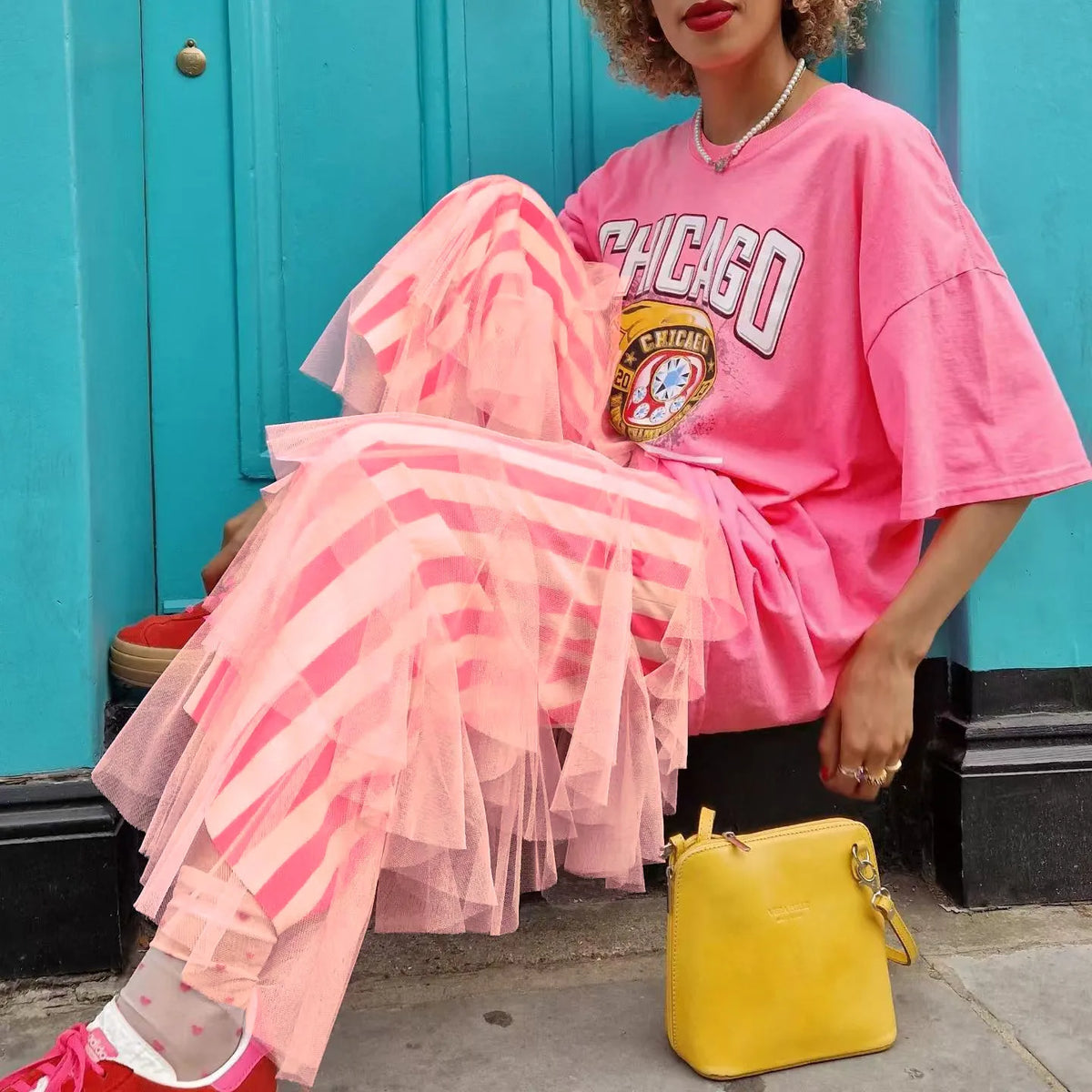 Women Striped Tiered Mesh Flare Pants High Waist Multi Layer Ruffle Tulle Wide Leg Bell Bottom Retro Streetwear Trousers