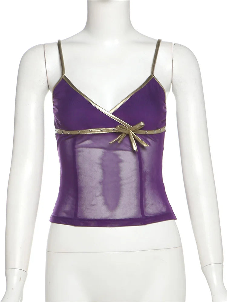 Patchwork Mesh Camisole Women Sexy Bow Gold Edging Low-Neck Summer Trend Street Midnight Club Y2K Wild Basic Tank Top