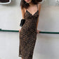 Women Leopard Print Midi Dress Spaghetti Strap Lace V‑Neck Bodycon Dress Sleeveless Backless Evening Party Midi Dresses