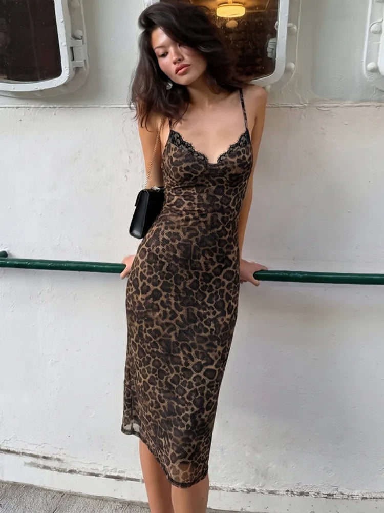 Women Leopard Print Midi Dress Spaghetti Strap Lace V‑Neck Bodycon Dress Sleeveless Backless Evening Party Midi Dresses