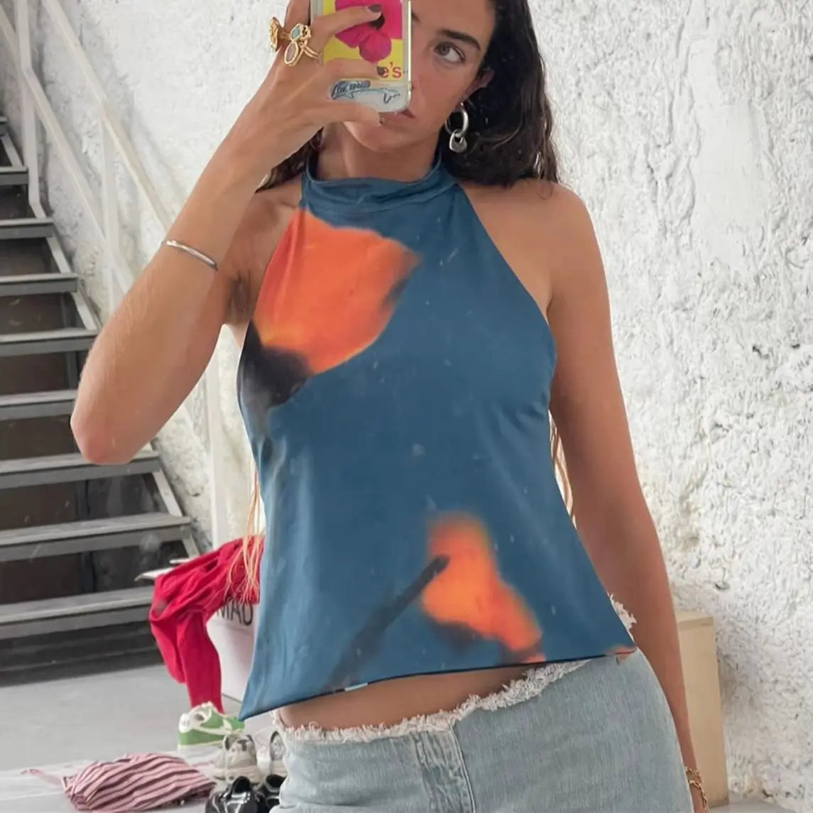 Women Y2k Floral Printed Halter Tank Top Summer Going Out Cami Tops Boho Sexy Backless Vacation Beach Camisoles