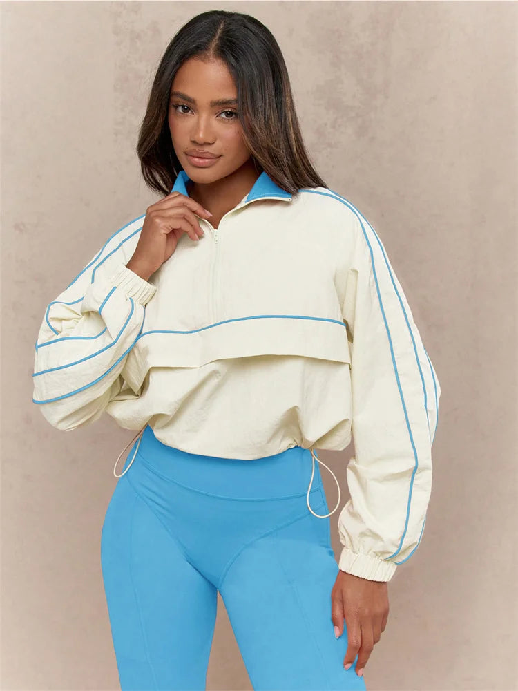 Contrast Patchwork Tracksuit 2 Piece Set Women Polo-Neck Drawstring Wasit Tops+Skinny Leggings Casual Sporty Sets