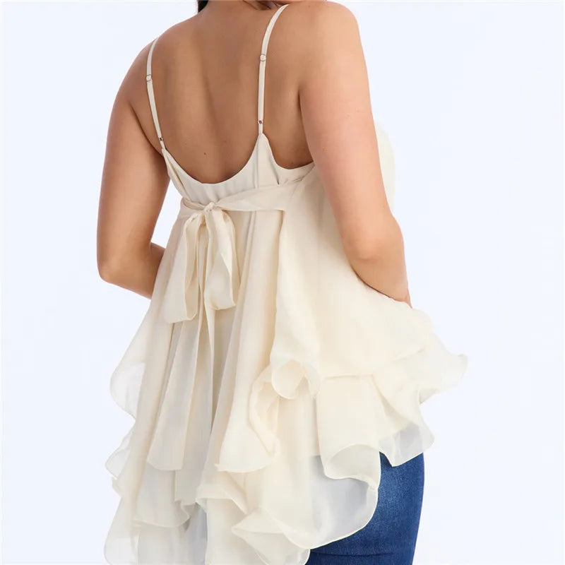 Y2K Fairy Women Chiffon Cami Blouse V Neck Spaghetti Straps Back Bow Tie Ruffle Layered Hem Loose Flowy Party Vest Top