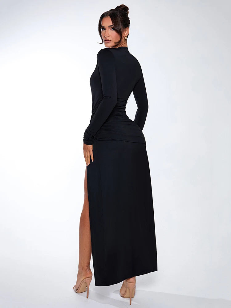 Deep V Neck Long Sleeve Sexy Maxi Dress For Women Autumn Winter New Black Thigh High Split Sexy Club Party Long Dress