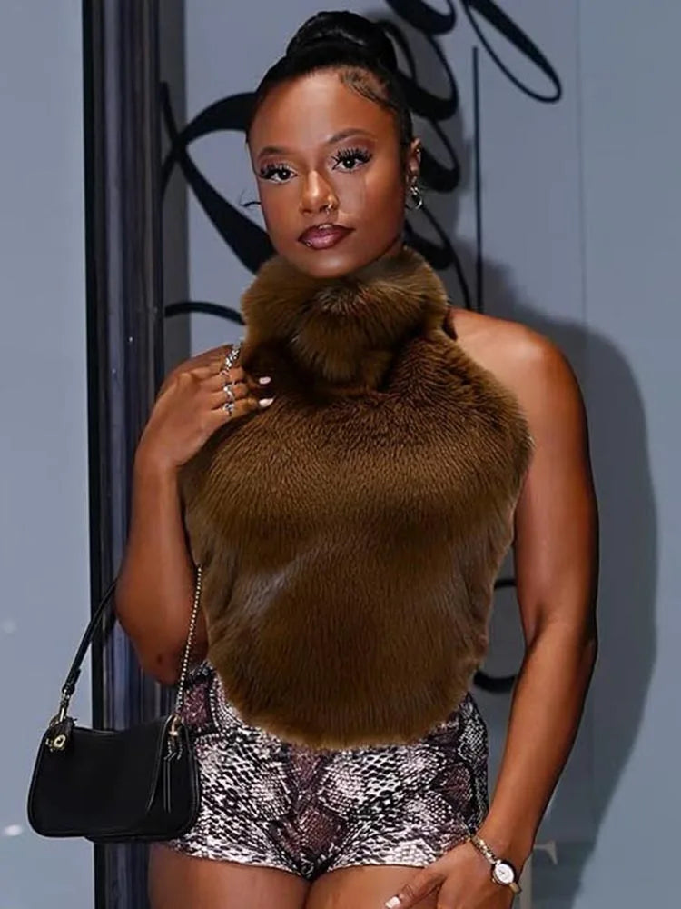 Off Shoulder Sexy Furry Tank Tops Woman Autumn Trend Halter Backless Hottie High Street Fashion Wild Style Classic Vest