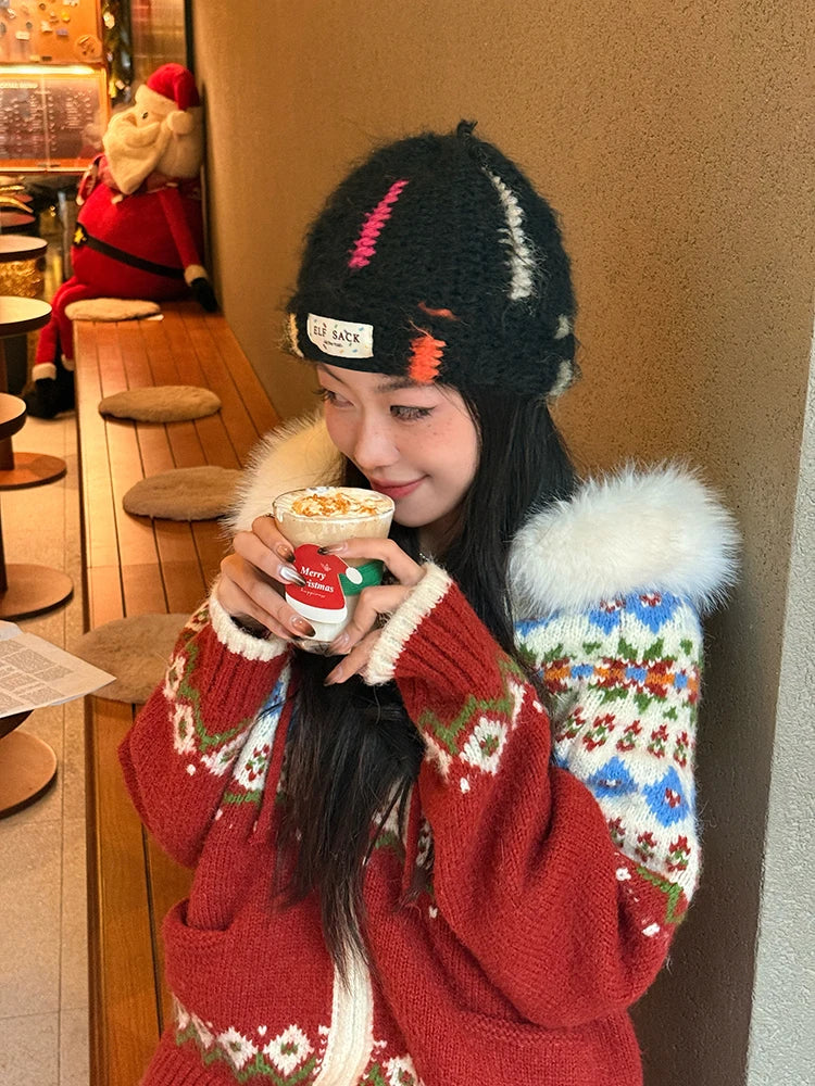 Y2K Cute Color Block Patch Logo Warm Knit Beanie For Women