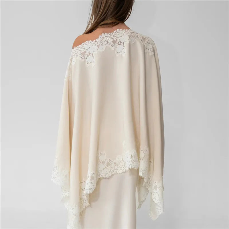 Women Satin Lace Trim Poncho Shrug Y2k Sleeveless Shawl Bolero Tops Summer Asymmetric Cover Ups Vacation Beachwear