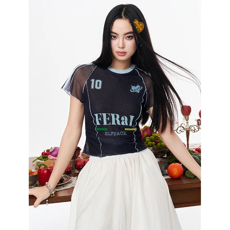 Sporty Jersey Style T-shirt, Slim V-neck Number Print Tee, Y2K Letter Graphic Cropped Top for Women