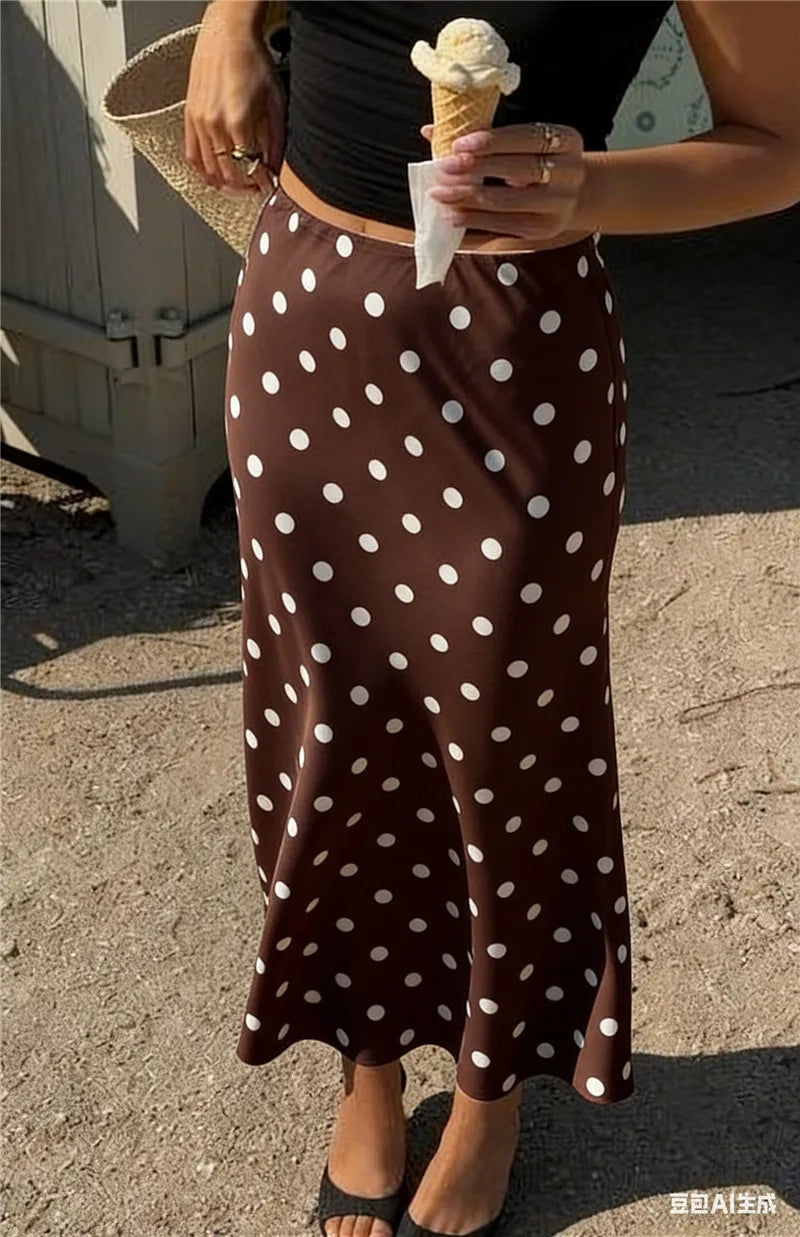 French Vintage Polka Dot Satin Skirt High Waist Silky Midi Skirt Elegant Retro Print For Women Summer Y2K Streetwear