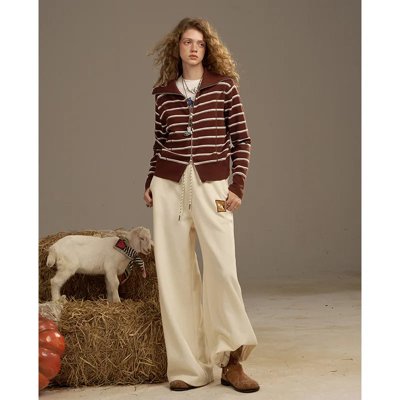 2025 Autumn New Arrivals Casual Classic Soft Navy Collar Silver Zipper Striped Knitted Cardigan For Woman