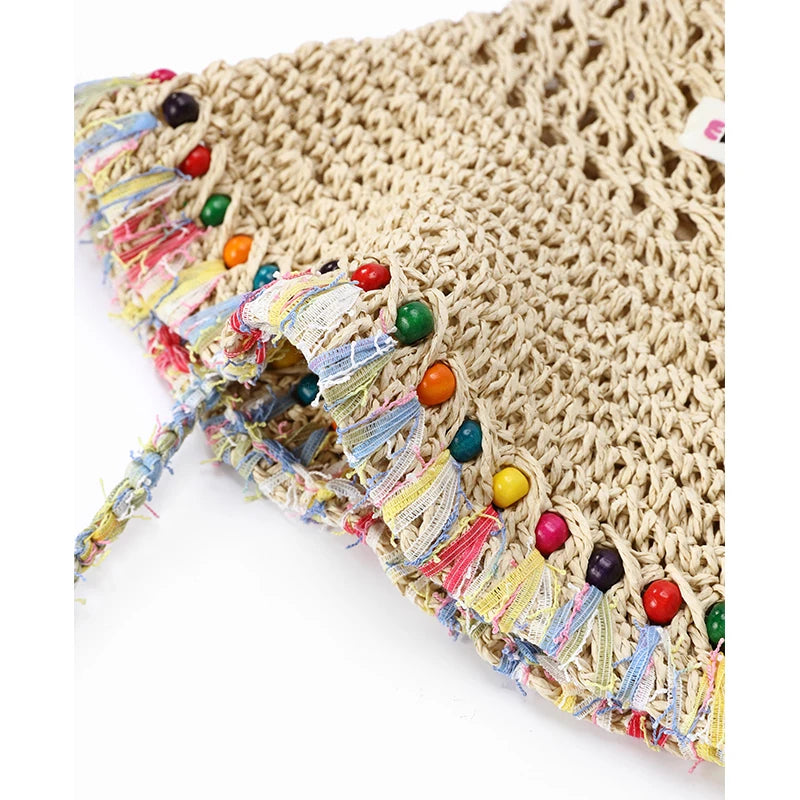 Women's Crochet Straw Bucket Hat, Beaded Tassel Sun Hat with Adjustable Chin Strap for Beach