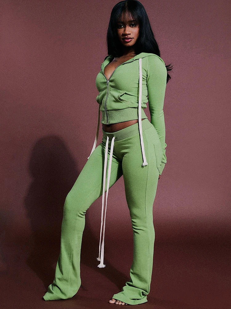 Sporty Tracksuit 2Piece Set Woman Autumn Trend Hooded Shirring Full Sleeve Jacket+Drawstring Long Pants Casual Style Suit