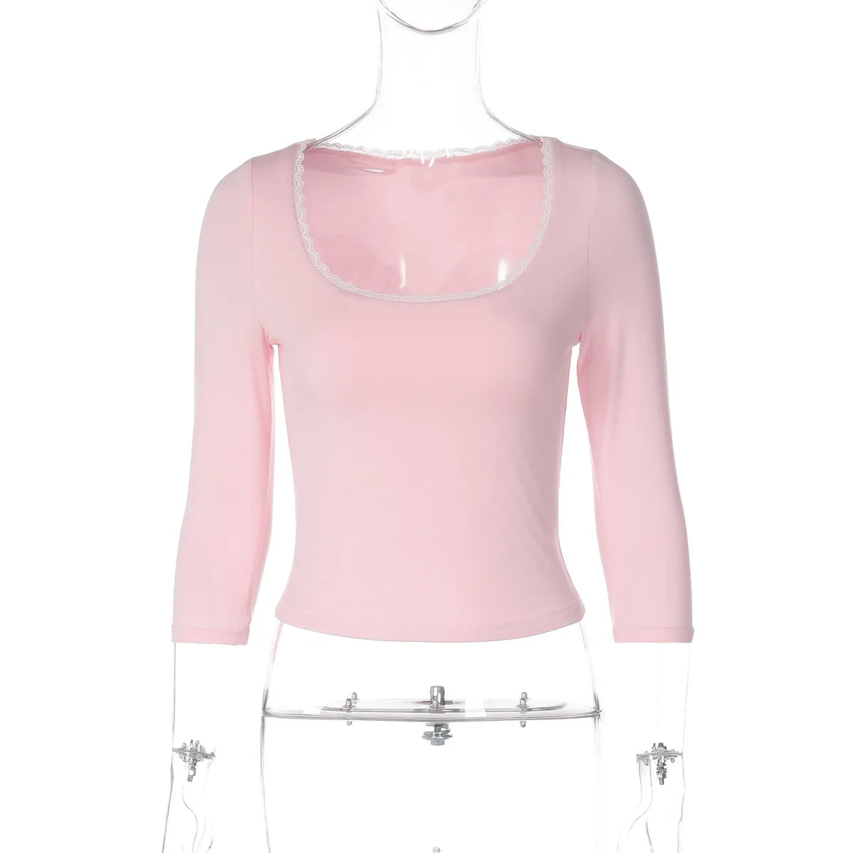 Lace Trim Scoop Neck Half Sleeve Crop Tops for Woman Pink T Shirts 2026 Fall Cutecore Clothes 2000s