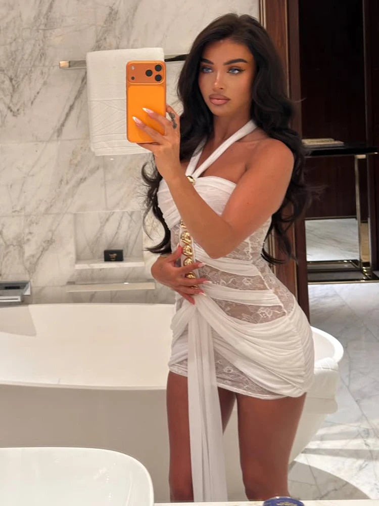 Mesh Patchwork Mini Dress Woman Metal Decoration Halter Off Shoulder Backless Ribbon Prom Party Sexy Fashion Bodycon