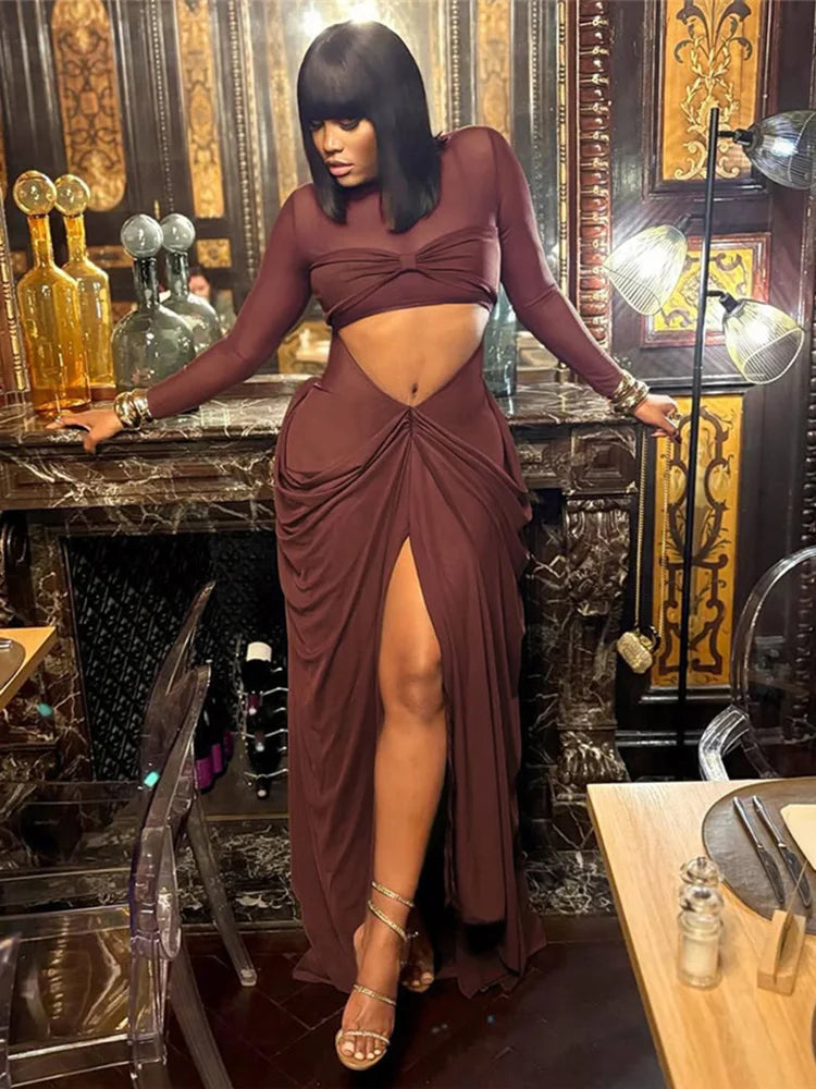 Wrap Knot Dress Women Sexy Patchwork Mesh Chic Hollow Full Sleeve Split Fall Hipster Elegant Birthday Party Vestidos