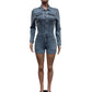 Elastic Denim Women Playsuit Lapel Single-Breasted Full Sleeve One Pieces Shorts Trendy Vintage High Street Partywear