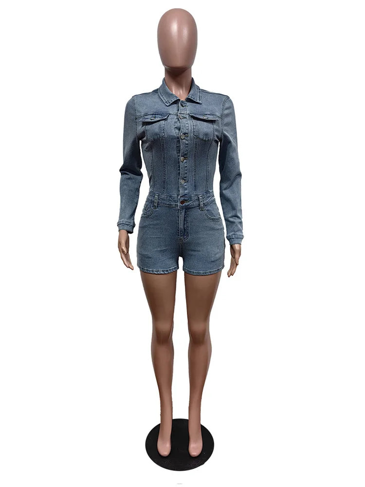 Elastic Denim Women Playsuit Lapel Single-Breasted Full Sleeve One Pieces Shorts Trendy Vintage High Street Partywear