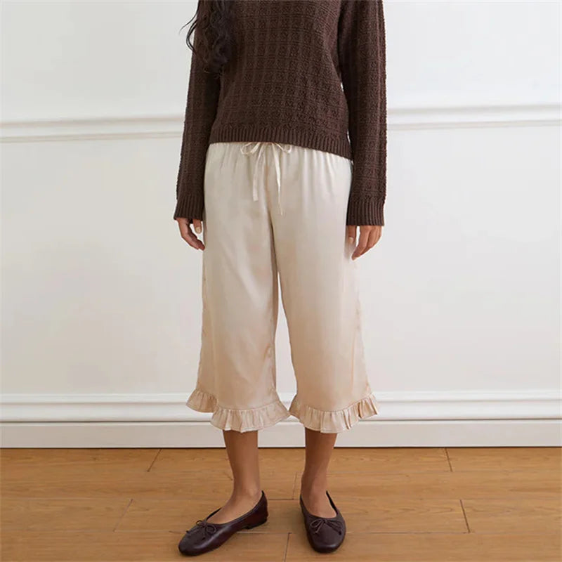 Women Satin Ruffle Hem Cropped Pants Elastic Waist Drawstring Loose Wide Leg Culottes Casual Comfortable Lounge Trousers