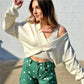 Solid Cross Front Wrap Cropped Sweatshirt Women Off Shoulder Baggy Long Sleeve Loose Crop Pullover Y2K Street Casual Top