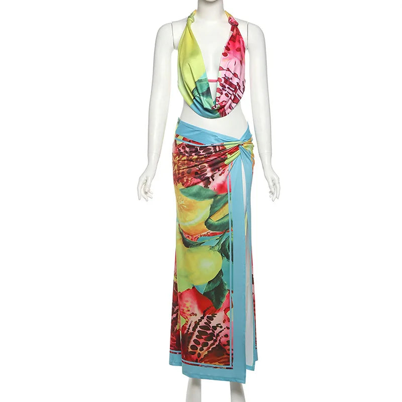 Colorful Print Sexy 2 Piece Set Open Back Halter Top and Split Long Skirts Woman Vacation Outfits