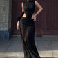 Sexy See Through Long Dress Woman Stand Collar Lace-Up Backless Robe Prom Party High Waist Ruched Elegant Vestidos