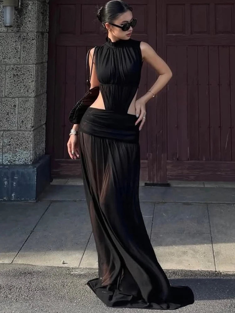 Sexy See Through Long Dress Woman Stand Collar Lace-Up Backless Robe Prom Party High Waist Ruched Elegant Vestidos
