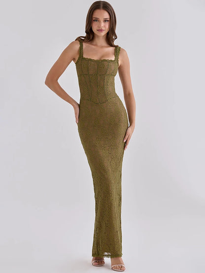 Women Elegant Lace Sexy Maxi Dress Sleeveless Spaghetti Strap Bodycon Dress Party Evening Cocktail Mermaid Dresses