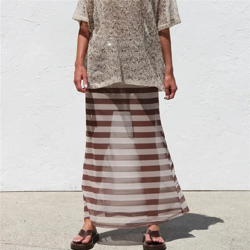 Y2K Casual Womens Striped See Through Mesh Long Skirt Elastic Waist Flared Hem Sheer Maxi Skirt Street Vacation Outfit