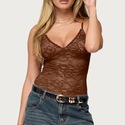 Women Sheer Lace Camisole V Neck Spaghetti Strap Tank Tops Y2k Backless Sleeveless Floral Lace Cami Top Party Clubwear
