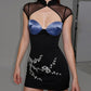 Floral Print Dress Women Patchwork Mesh Standing Collar Hollow Skinny Midnight Sexy Hottie Summer Trend Mini Bodycon
