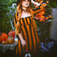 Gothic Striped Dress for Women Square Neck 3/4 Sleeve Lace Edge A Line Midi Dress Witch Cosplay Party Costume