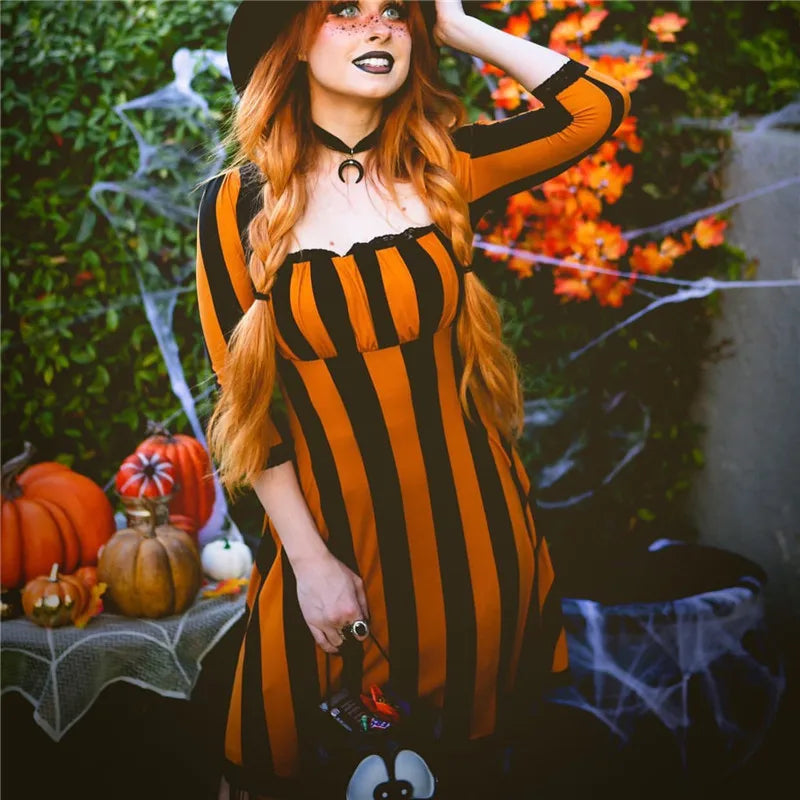 Gothic Striped Dress for Women Square Neck 3/4 Sleeve Lace Edge A Line Midi Dress Witch Cosplay Party Costume