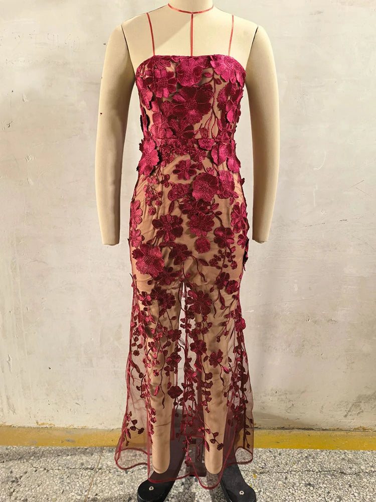 Women Strapless 3D Floral Lace Mermaid Sexy Maxi Dress Sheer Mesh Bodycon Long Dress Wedding Guest Evening Party Gown