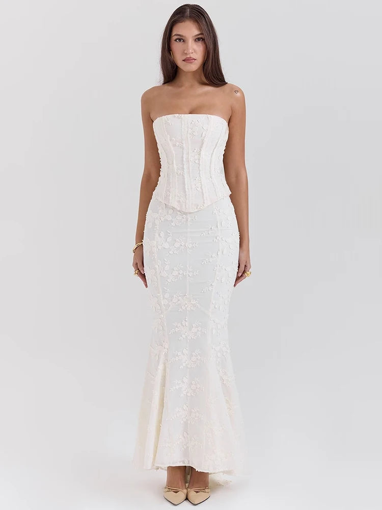 Strapless Sexy Two Piece Set Women White Off-shoulder Lace-up Crop Tops And Maxi Skirt Matching Sets Female Dress Set