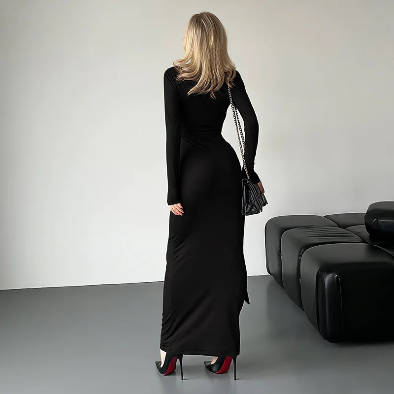 Sexy Low-cut Long Sleeve Maxi Dresses for Woman Elegant Black Dress Autumn 2025