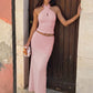 Two Piece Set Pink Halterneck Top and Matching Ruched Maxi Skirt Set Sexy Womens Outfit