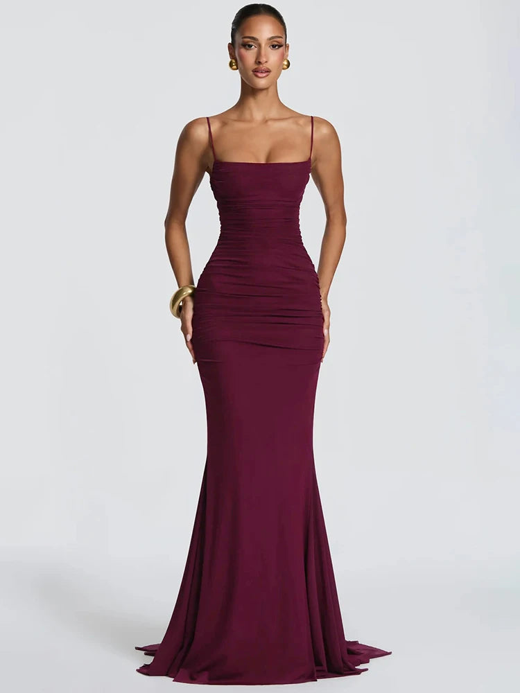 Spaghetti Strap Backless Sexy Maxi Dress Women Elegant Square Collar Sleeveless Bodycon Club Party Mermaid Long Dress