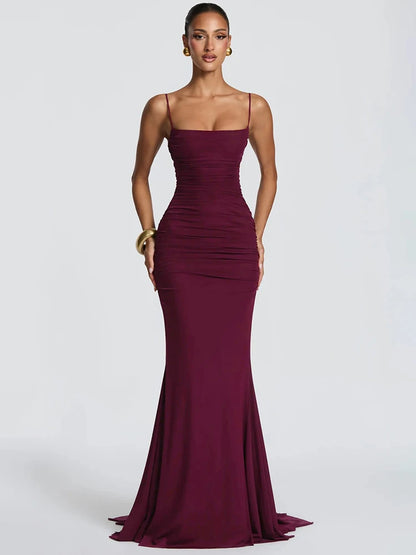 Spaghetti Strap Backless Sexy Maxi Dress Women Elegant Square Collar Sleeveless Bodycon Club Party Mermaid Long Dress
