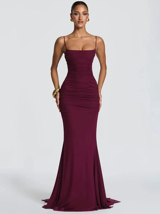 Spaghetti Strap Backless Sexy Maxi Dress Women Elegant Square Collar Sleeveless Bodycon Club Party Mermaid Long Dress