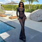 Women Slash Neck Mesh See-Through Dress New Sexy Slim Pullover Long Sleeve Floor-Length Solid Dresses Beach Cover ups