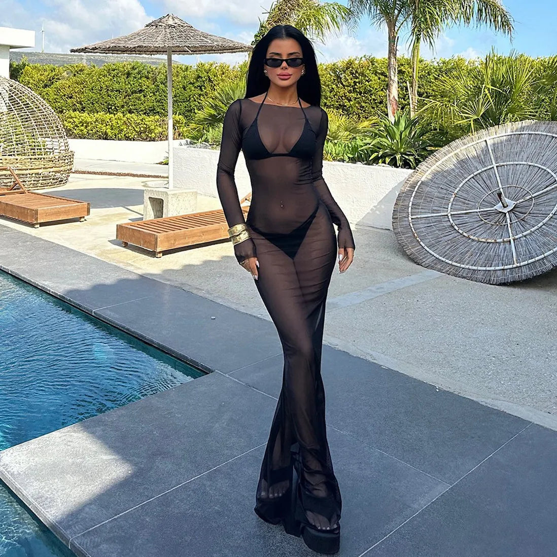 Women Slash Neck Mesh See-Through Dress New Sexy Slim Pullover Long Sleeve Floor-Length Solid Dresses Beach Cover ups